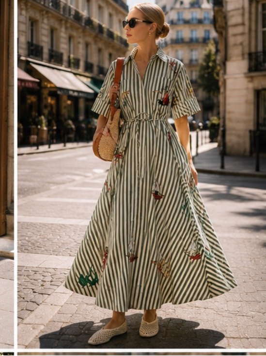Alemais Dresses & Skirts - Alemais Striped embroidered Midi Dress with Floral Accents